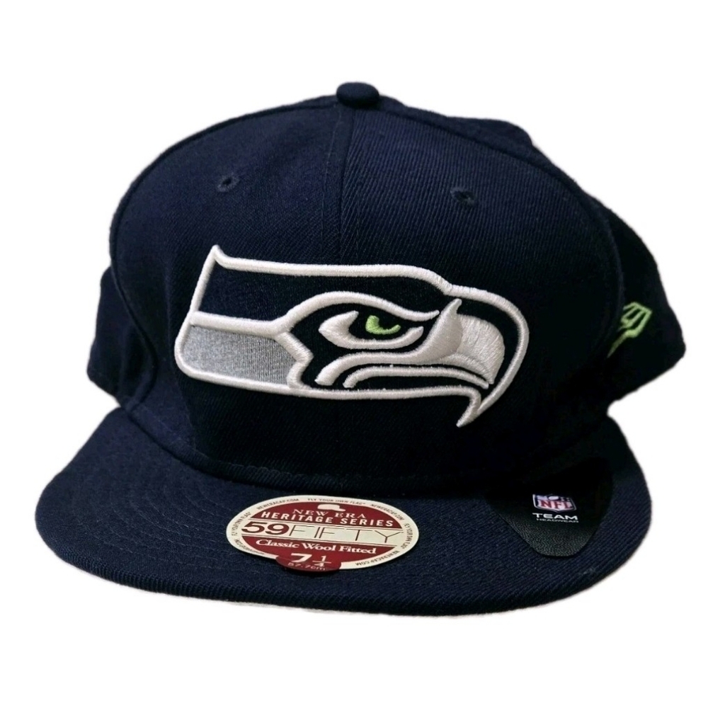 Seattle Seahawks Wool New Era 59Fifty Fitted Cap Size 7 1/4 Flat Bill Navy NFL